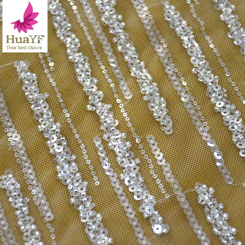 1 Yard Super Shining French White Beaded Crystal Sequins Lace Wedding Bridal African Lace Dress Fabric HY1648-4