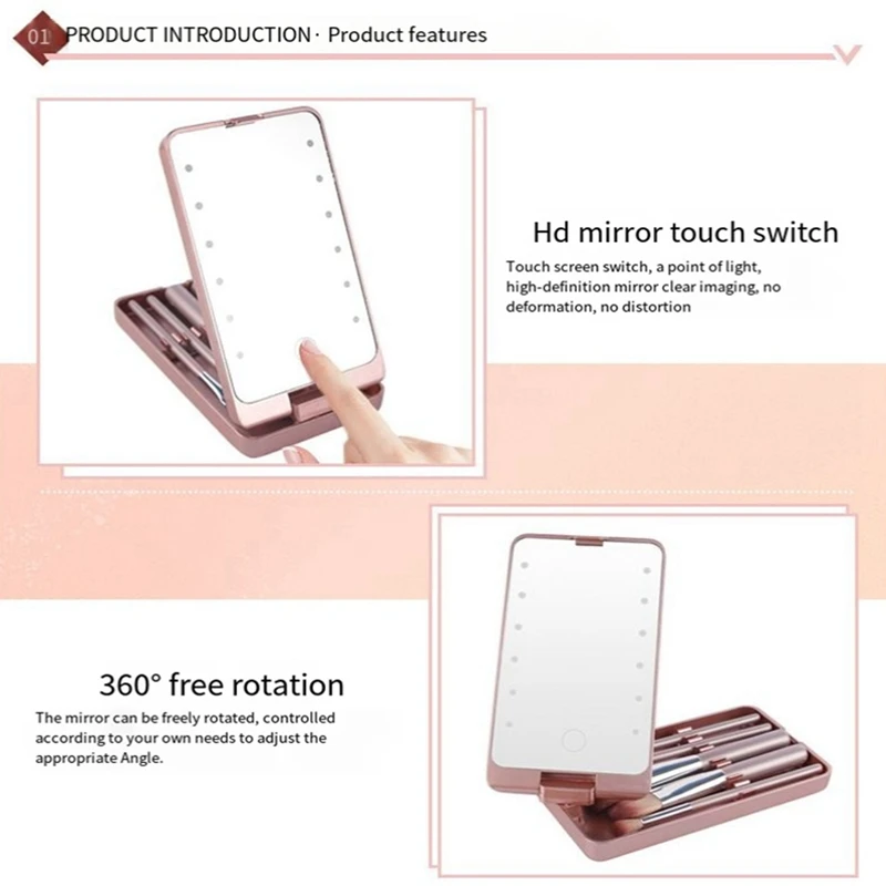Mirror Portable Makeup Mirror With 5 Brushes Storage Box LED Touch Portable One-Face Storage Box Makeup Mirror