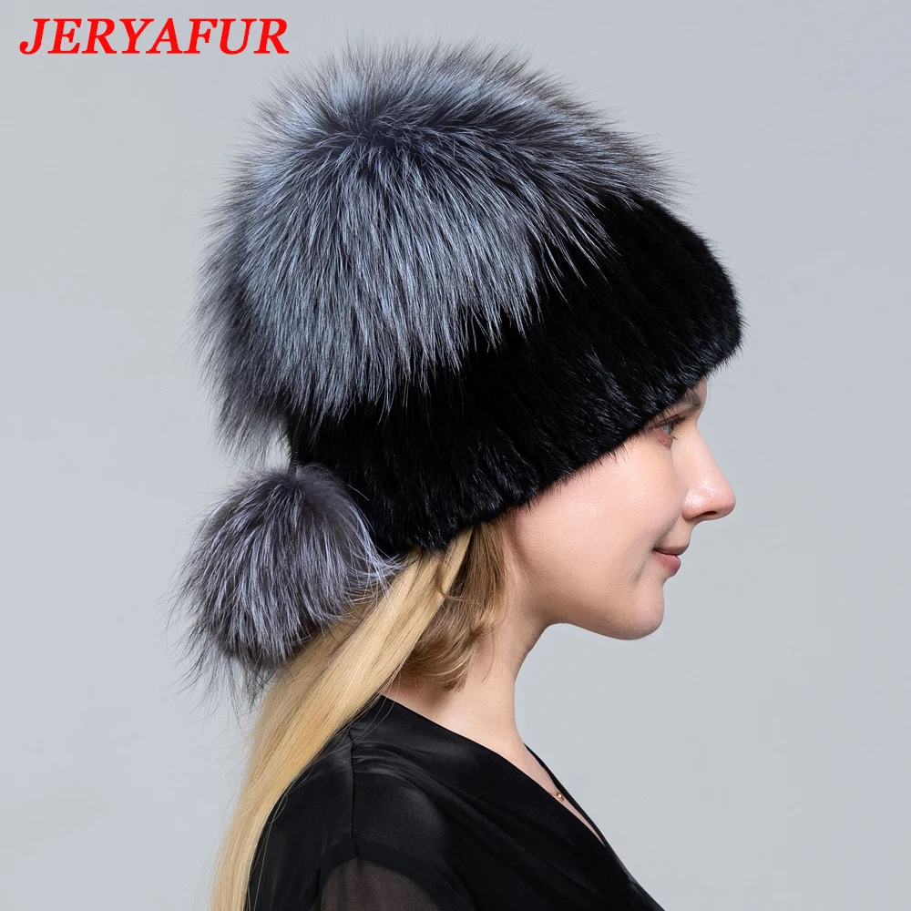 JERYAFUR Luxury Womens Winter Knitted Real Sable Fur Hat Fur Beanie Russian Mink Fur Cap with Fox Fur Pom Poms Female Warm Thick