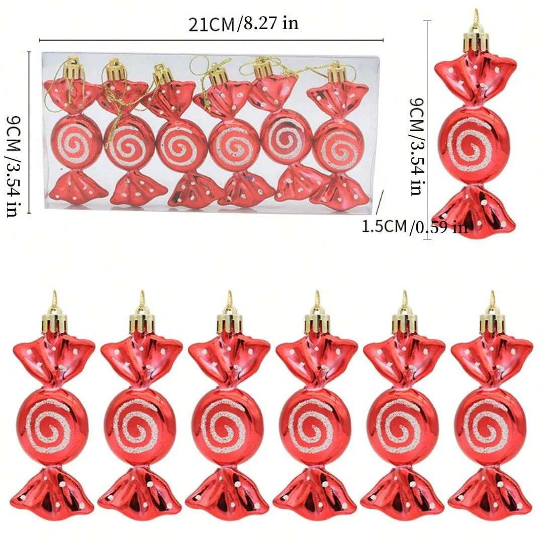 6 PCS Christmas Candy Ornaments Hanging Glitter Candy Cane Ornaments Christmas Tree Candy Peppermint Ornaments with Golden Ropes