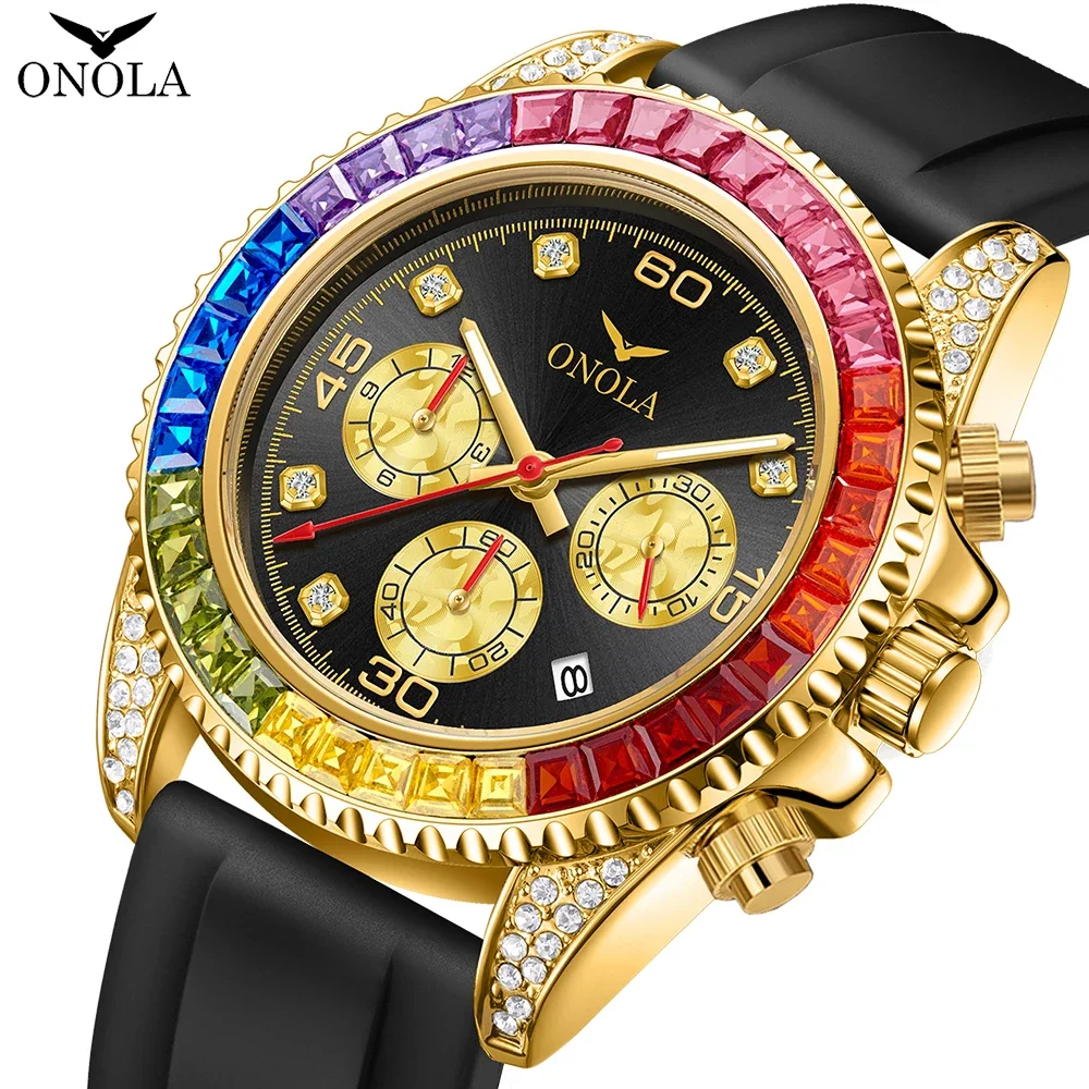 Fashion Colored Diamond High-quality Men\'s Quartz Watch ONOLA Silicone Tape Waterproof Watch Clock Man