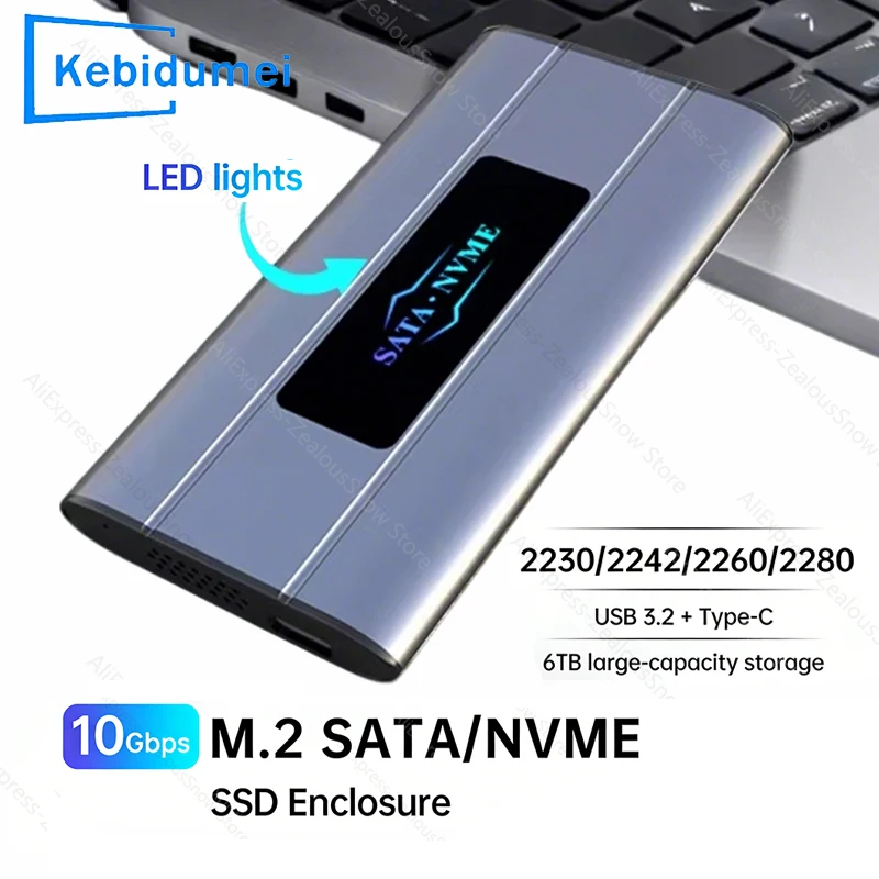 

Внешний корпус KEBIDUMEI M.2 NVMe/SATA SSD, 10 Гбит/с, высокоскоростной, USB 3.2, до 6 ТБ, с RGB-подсветкой, из алюминиевого сплава