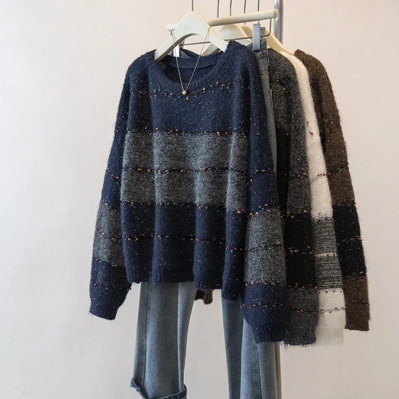 

Осень/зима, новые удобные повседневные свитера в полоску, пуловер с длинными рукавами и круглым воротником, 2025 г., свободные женские топы