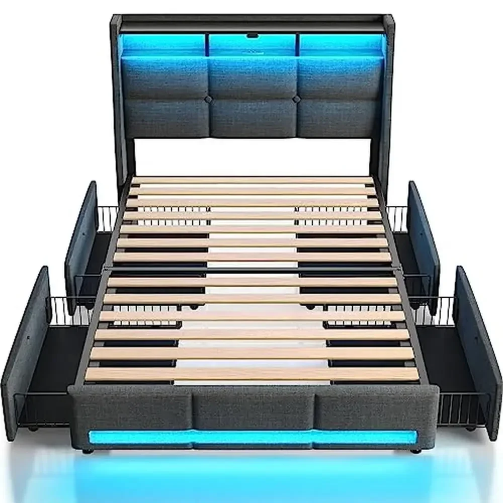 

Modern Twin Size Bed Frame with LED Lights Charging Station USB Ports Type C Power Strip Sliding Drawers Storage Shelves Linen