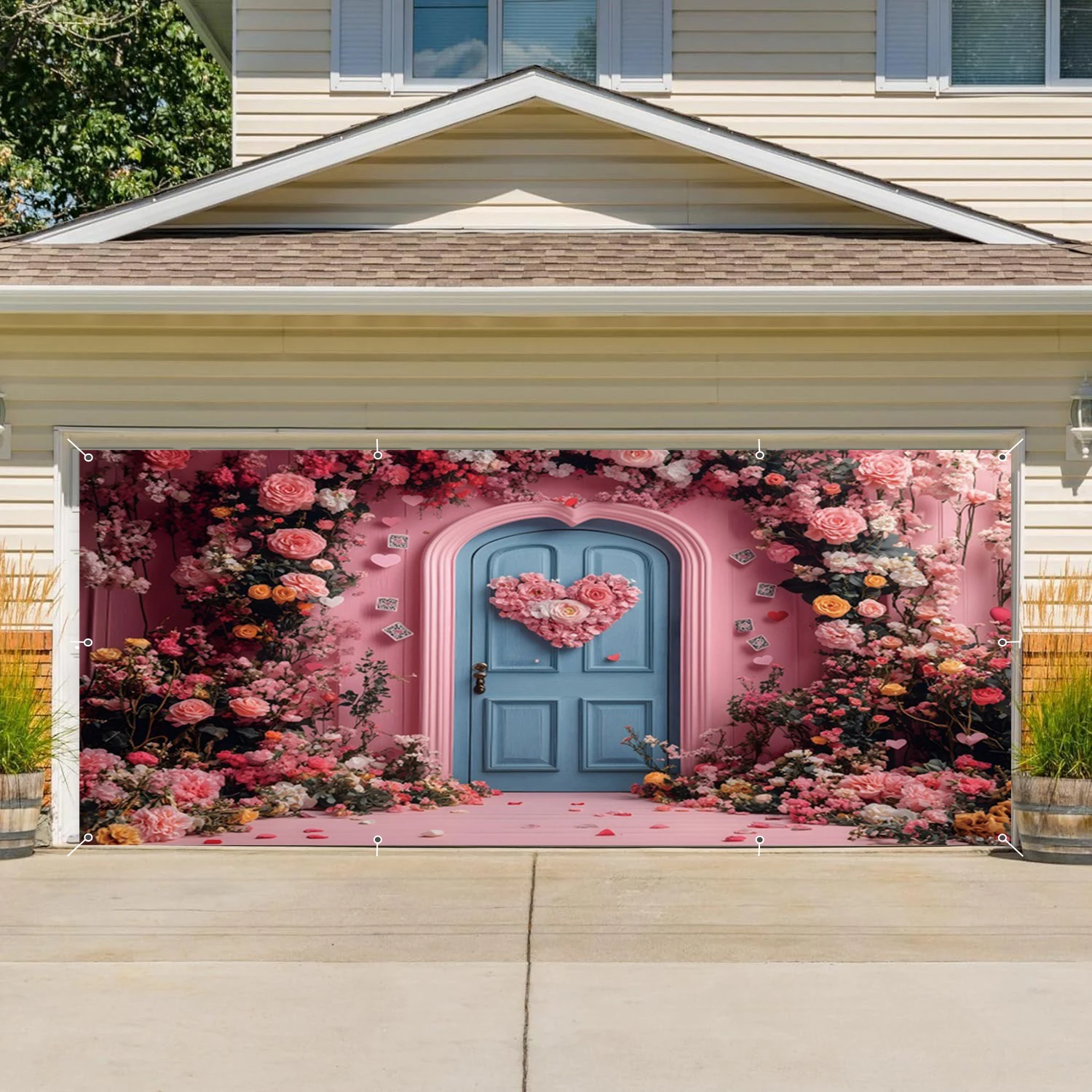 Valentine's Day Banner Garage Door Decoration Rose Flowers Wood Door Backdrop Family Party Big Hanging Photography Background