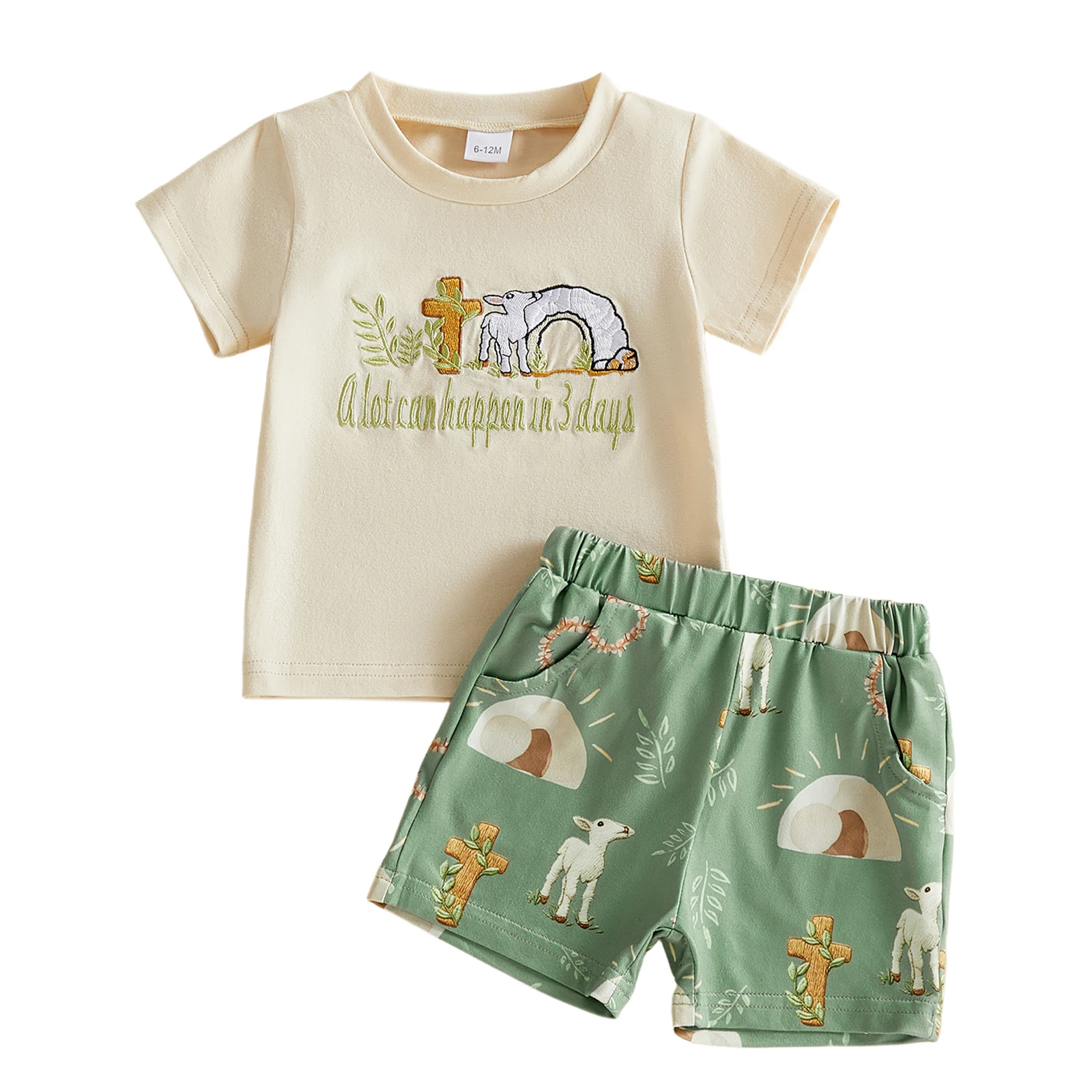 

Пасхальный комплект одежды для мальчиков: топ с короткими рукавами и круглым вырезом с вышивкой букв и шорты с принтом овечьей пещеры для стильного образа