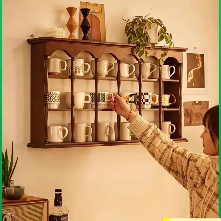 Retro solid wood shelf, wall hanging cup storage rack, desktop cup holder, wall coffee cup, teacup figure display rack