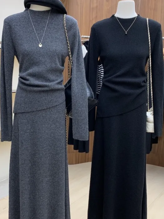 Ele Set lavorato a maglia da donna Autunno Inverno Dimagrante Spacco laterale Maglione lungo Gonna longuette Due pezzi Trendy Ensemble Vita incinta