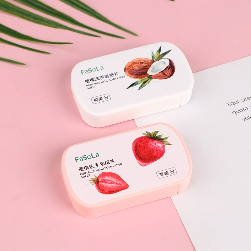 50Pcs/Box Strawberry Coconut Scented Slice Paper Cleaning Soaps Washing Hands Portable Aromatic Soap Papers Body Cleansers