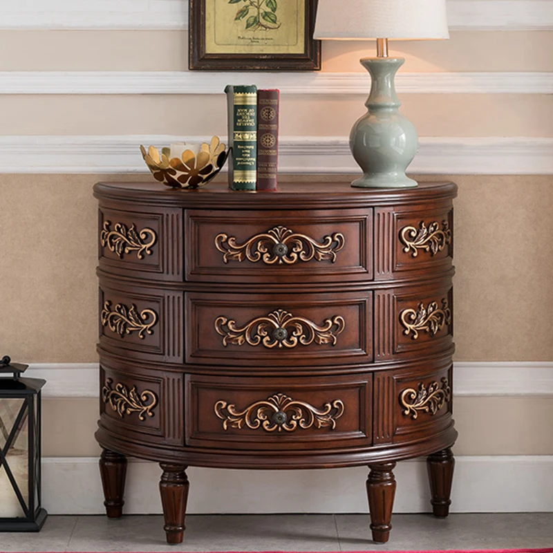 

American Country Three-Bucket Cabinet Solid Wood Arc Entrance Cabinet Drawer Storage Painted Bedside Table