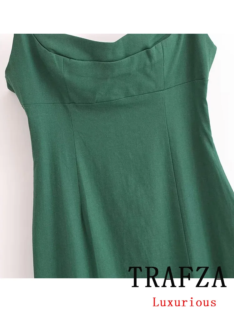 TRAFZA Vintage Casual Chic Women Dress Green SolidCami Backless Side Split Long Straight Dress New Fashion 2024 Summer Dress