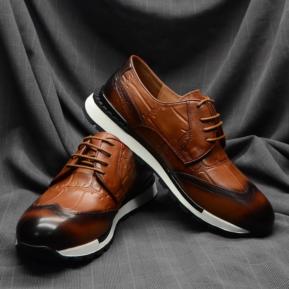 Fashion Geunine Leather Brown Mens Derby Shoes Luxury Comfortable Casual Sneakers Wingtip Toe Lace-up Business Social Footwear