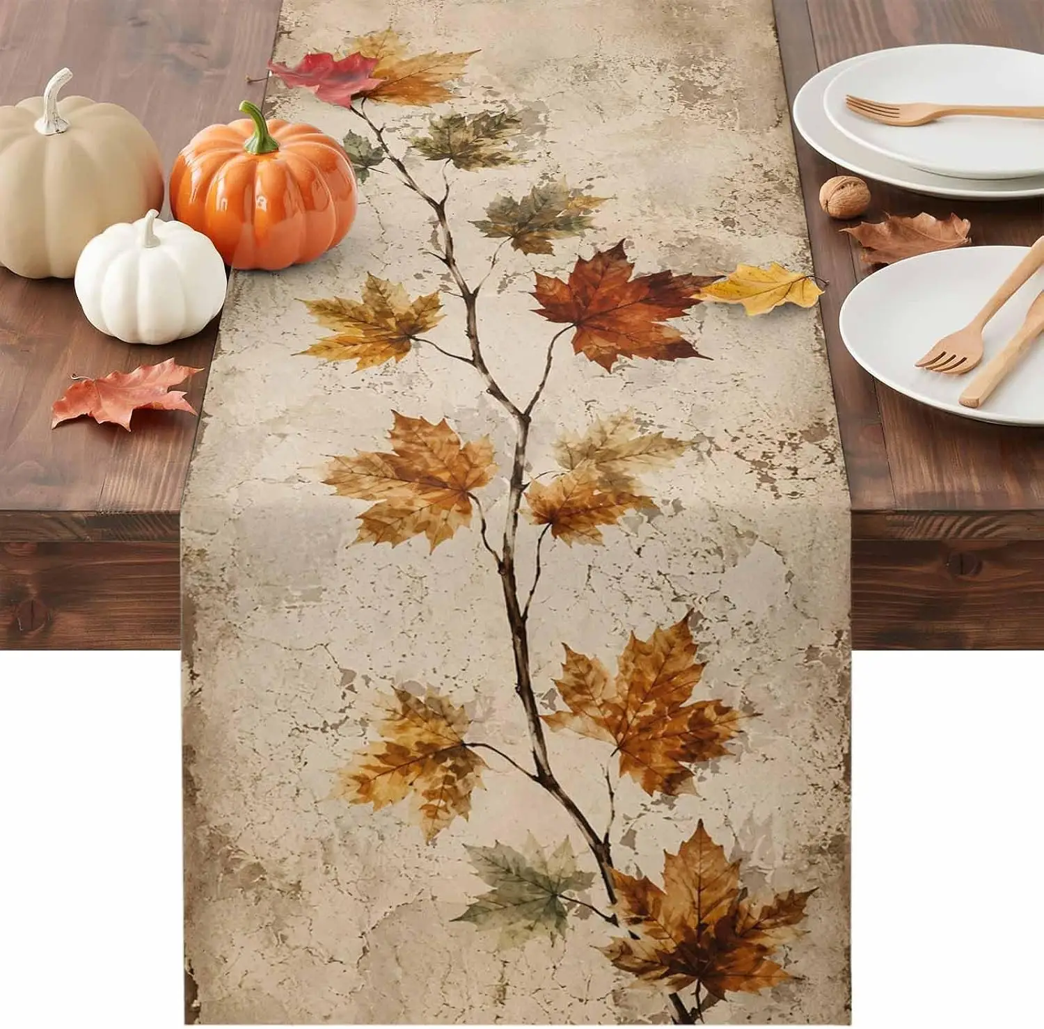 Fall Maple Leaves Linen Table Runner Home Decor Vintage Rustic Farmhouse Autumn Kitchen Dining Table Runners Thanksgiving Decor
