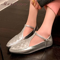 Meotina Women Genuine Leather Round Toe Flats Buckle Weave Ladies Fashion Casual Shoes Spring Autumn Black Silver 40