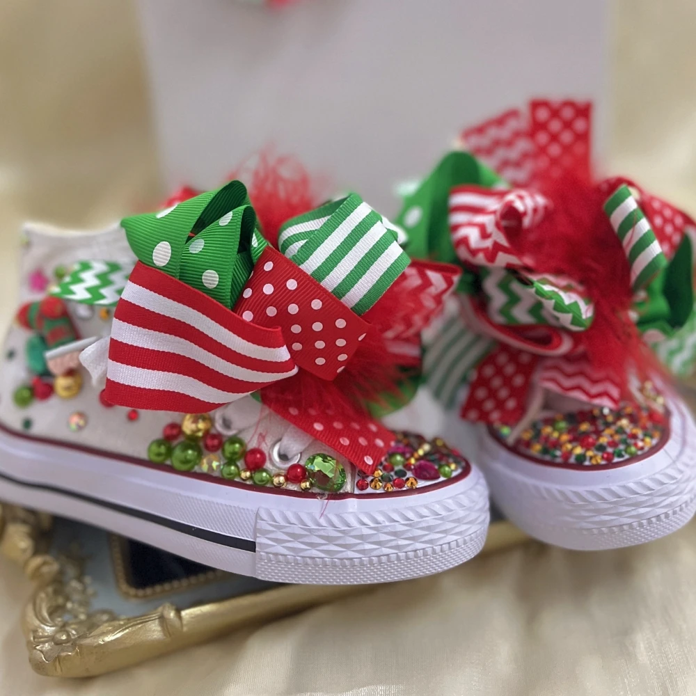 Dollbling Unique Christmas Gift Shoes X-max Tree Santa Claus Diamond Sparkle DIY Glitter Gold Beading Brand Canvas Shoes