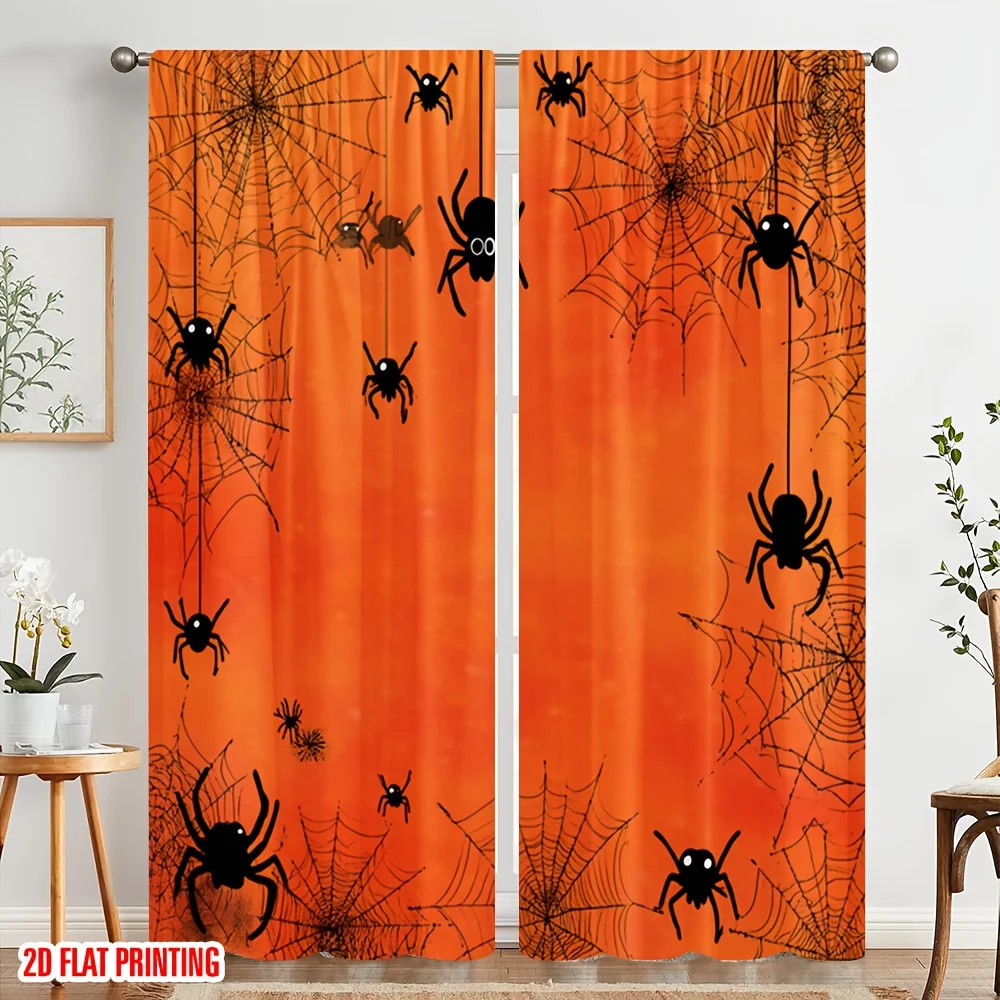 2PCS Halloween Curtains, Orange Spider Web, Digital Print, Bedroom Living Room, Office, Kitchen, Bathroom, Dining Room