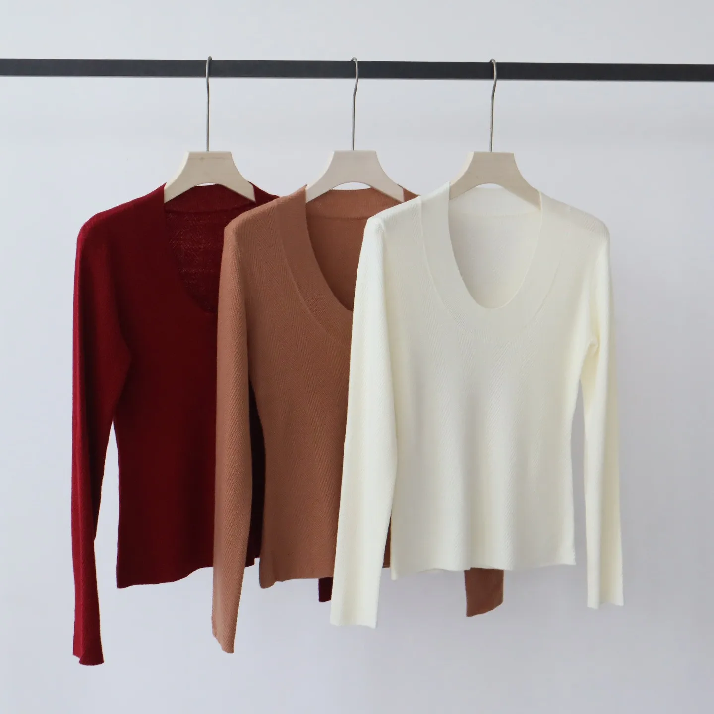 Long Sleeve Single Top Regular Length Japanese Korean Casual with Long Skirt Korean Style Simple Commuter Style U Neck for Women