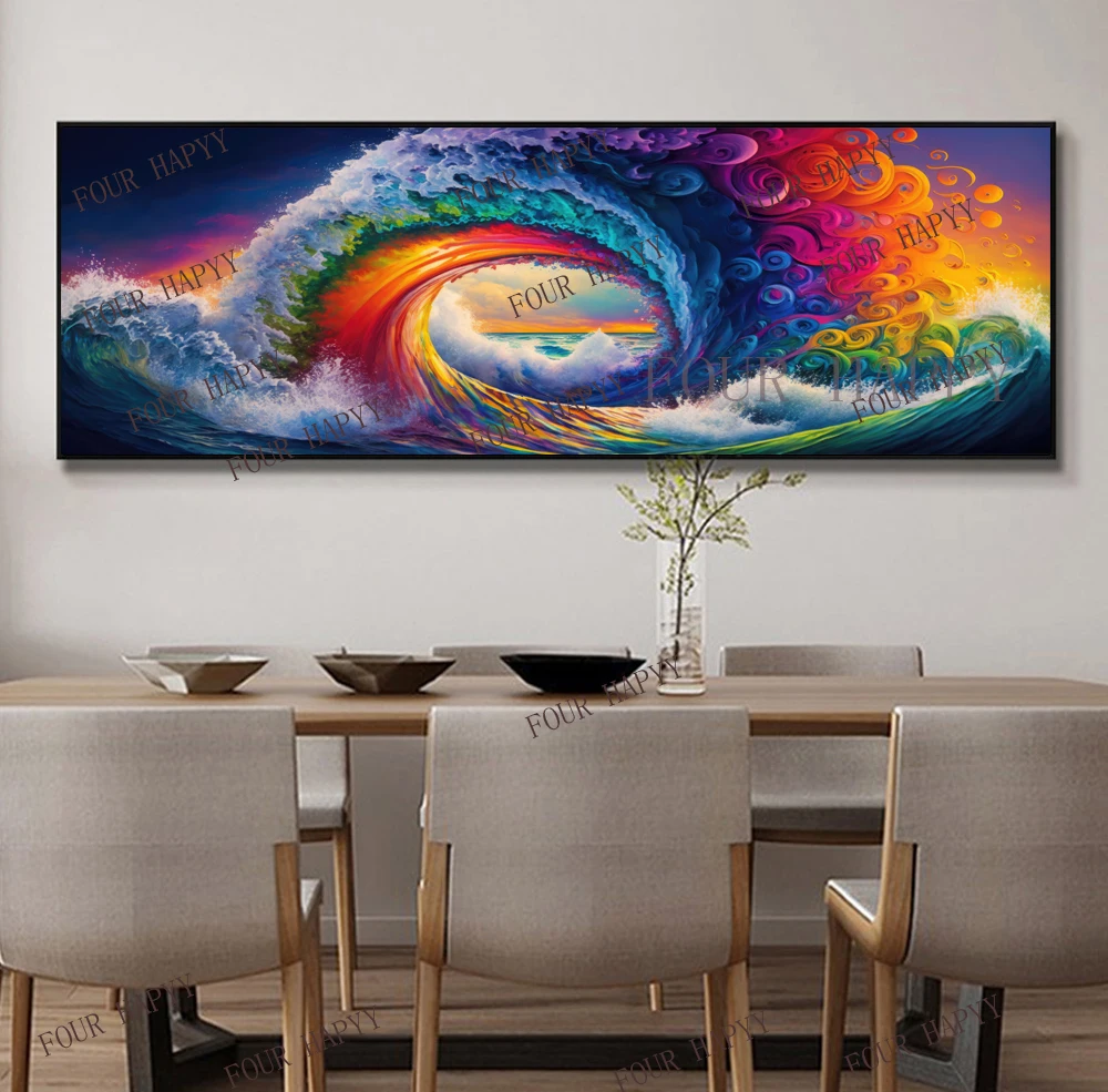 5D DIY Large Diamond Painting Cross Rainbow Colorful Sea Wave Landscape Wall Art, Full Round Drill, Embroidery Home Decor