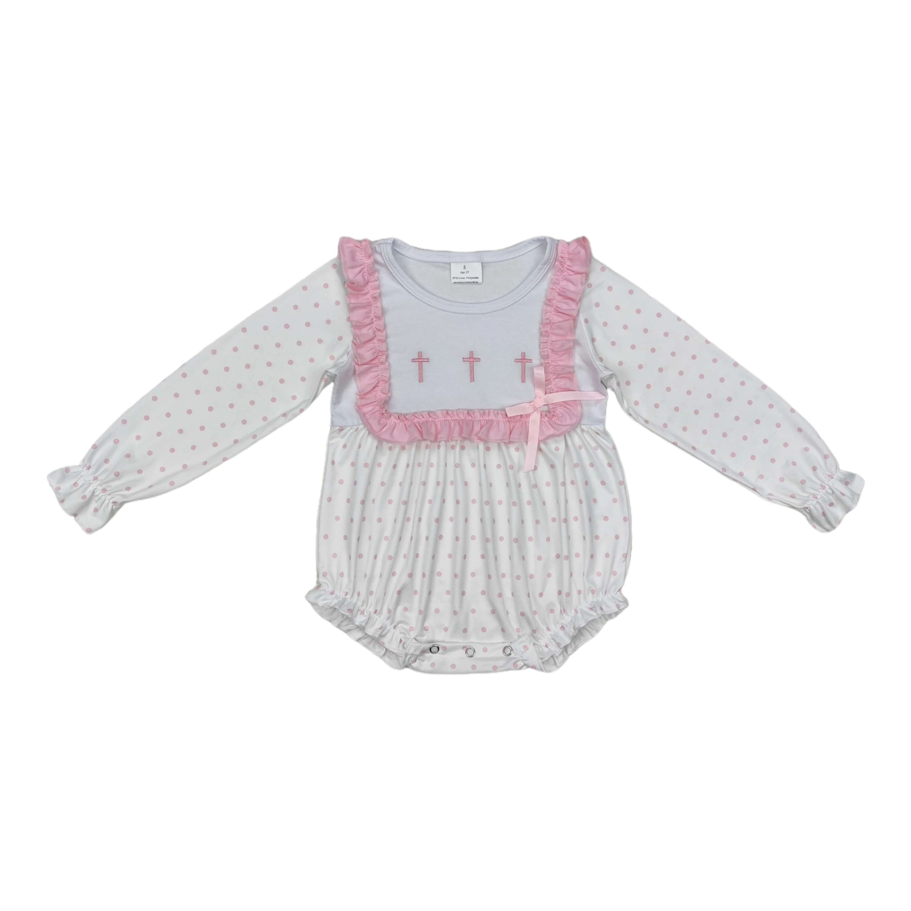 

Wholesale Newborn Baby Girl Easter Clothes Long Sleeves Embroidery Cross Ruffle Dots Floral Romper Kids Toddler One-piece