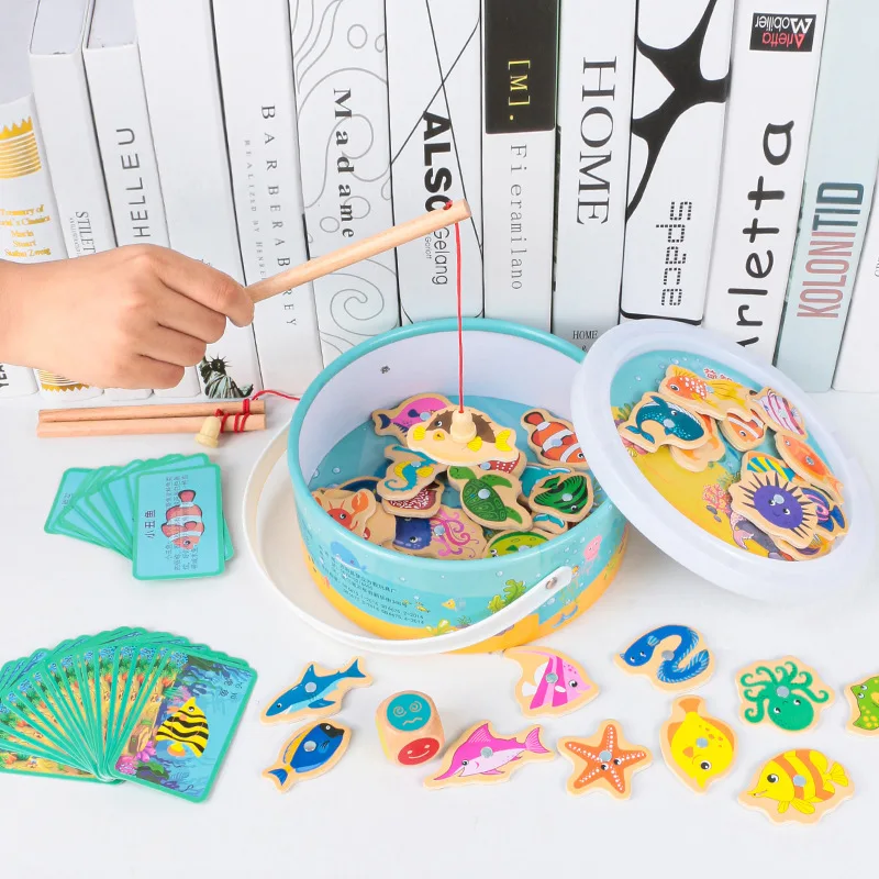 

Wooden fishing toys children early education ocean cartoon barrel building block magnetic fishing rod toys kindergarten fun game