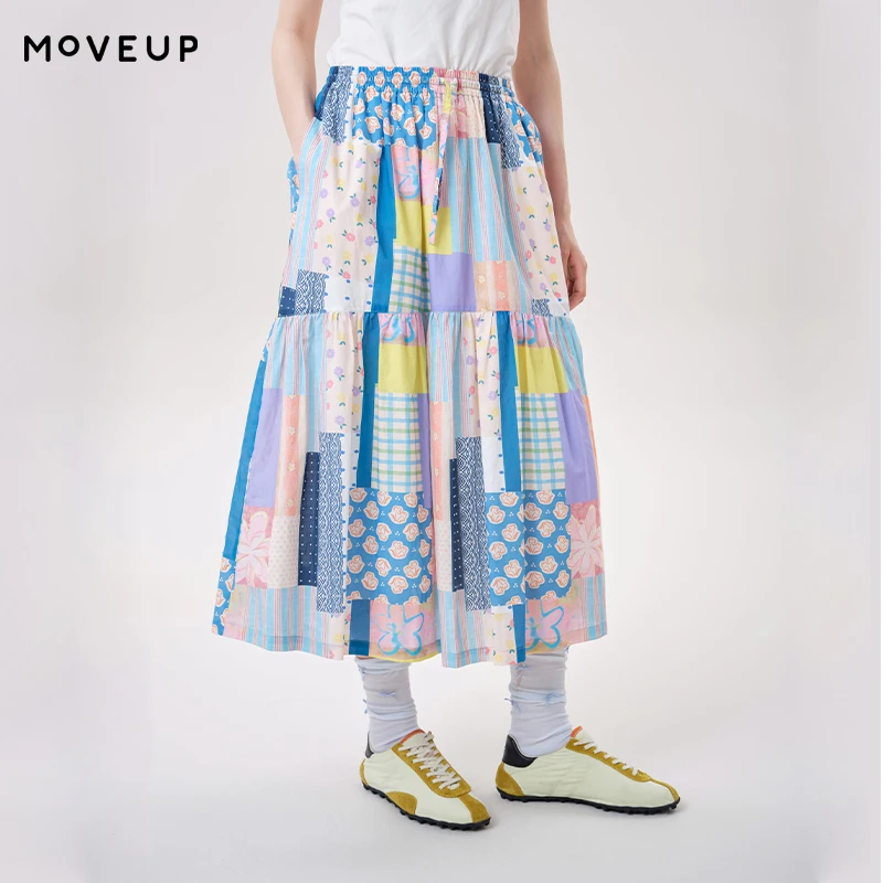 MOVEUP 100% Cotton Midi Skirt 2026 Elastic Waist Vintage Patchwork Floral Print Tiered Skirt Casual Flowy Long Skirt 3ELX20633