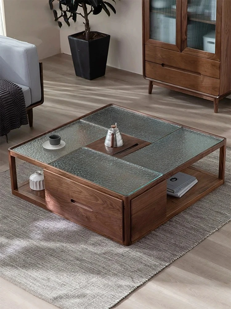Nordic black walnut all-solid wood coffee table glass surface, modern simplicity, drawer storage household coffee table