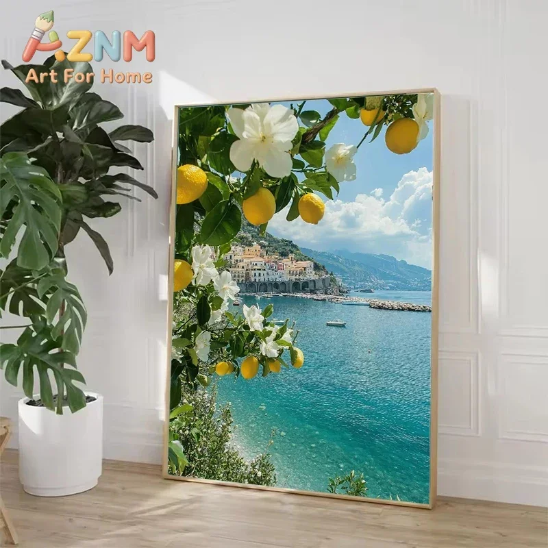 Unframed Canvas Wall Art Italian Coastal Summer Beach Print, Mediterranean Lemon Sea Scenery Poster for Living Room view 5