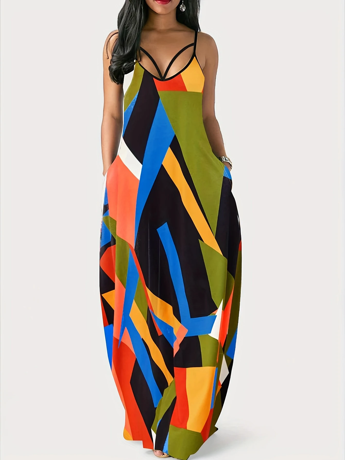 

plus Size Geometric Patchwork Dress Extra Long Halter Printed Women's Summer Maxi Dress