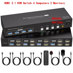 8K@60Hz Dual Monitor HDMI 2.1 KVM Switch 4 Computers 2 Monitors 4K@120Hz 4 Port KVM Switches for 4 PC Share 4 USB 3.0 Devices