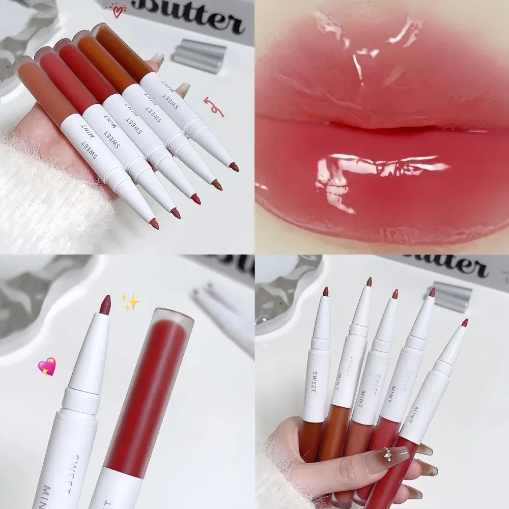2 In 1 Double Ended Lip Glaze Moisturizing Lasting Lip Liner ปากกากันน้ํา Non-stick Cup กระจก Lip Gloss ผู้หญิงเครื่องสําอางค์