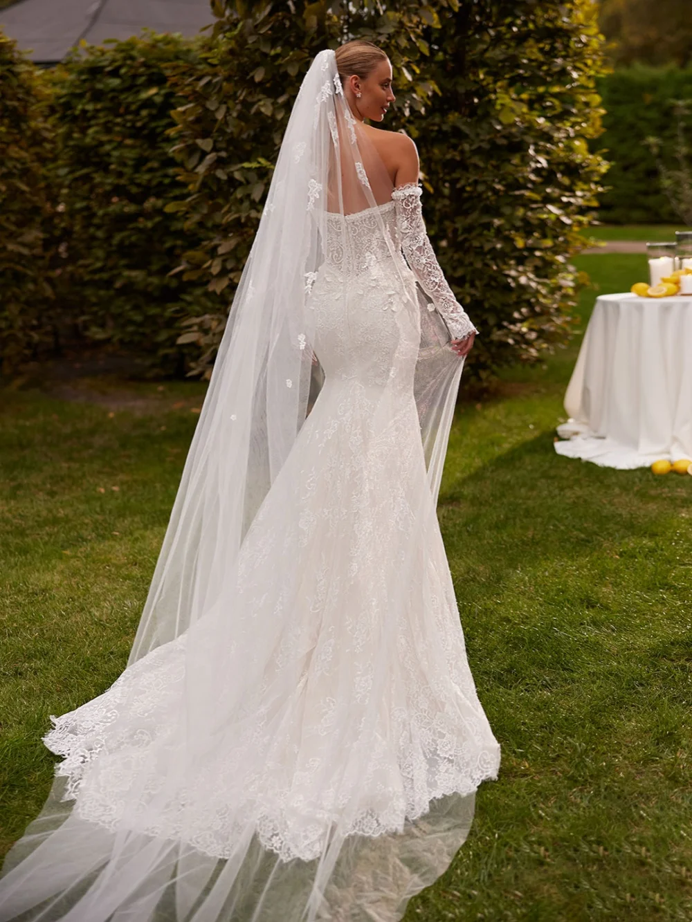 جديد العاج الدانتيل حورية البحر فستان زفاف طويل مع 3D زهرة انفصال كم مطرز ثوب الزفاف فساتين مخصصة للعروس