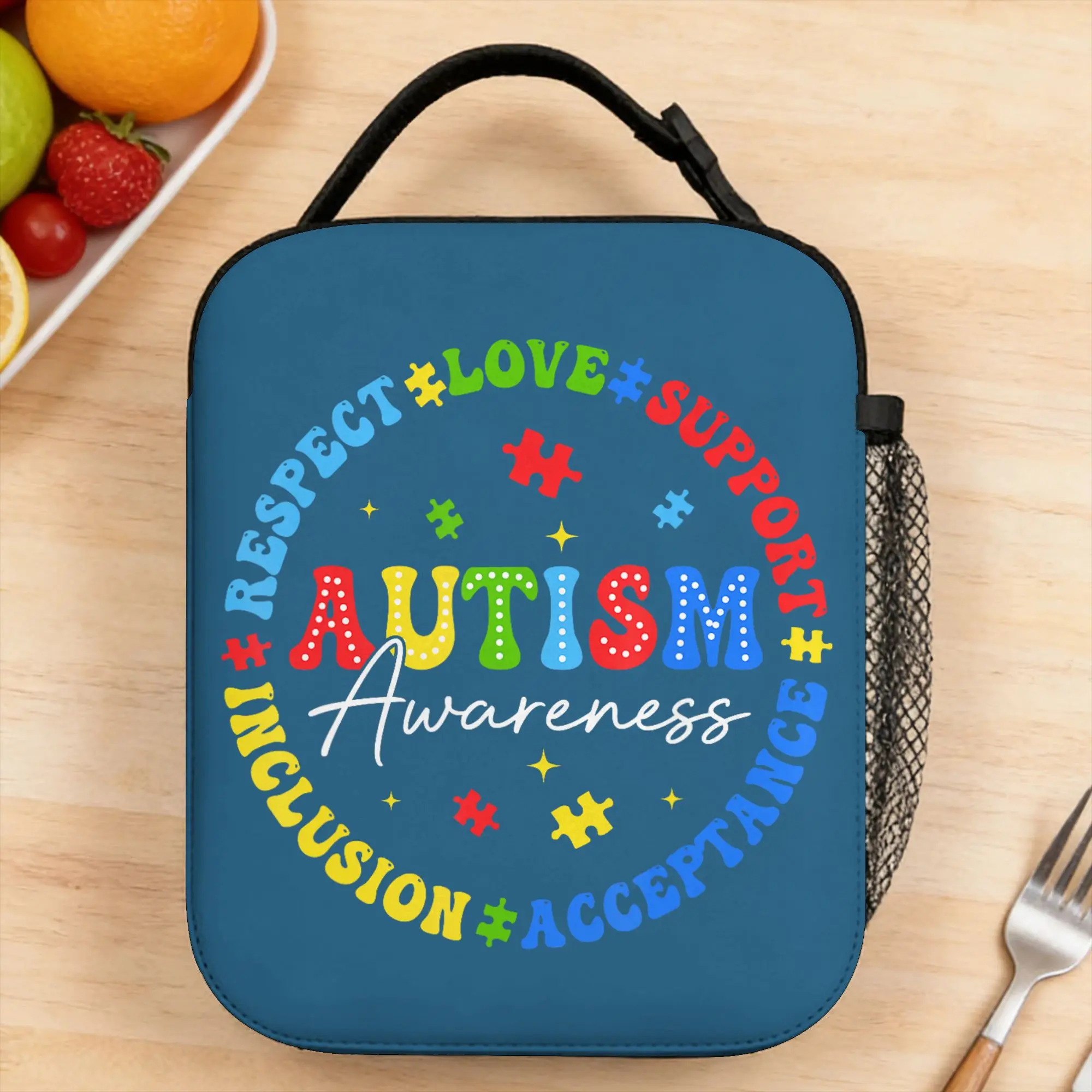 Autism Awareness Respect Love Support Blue Autism Lunch Bag Retro Picnic Lunch Box Graphic Design Portable Cooler Bag