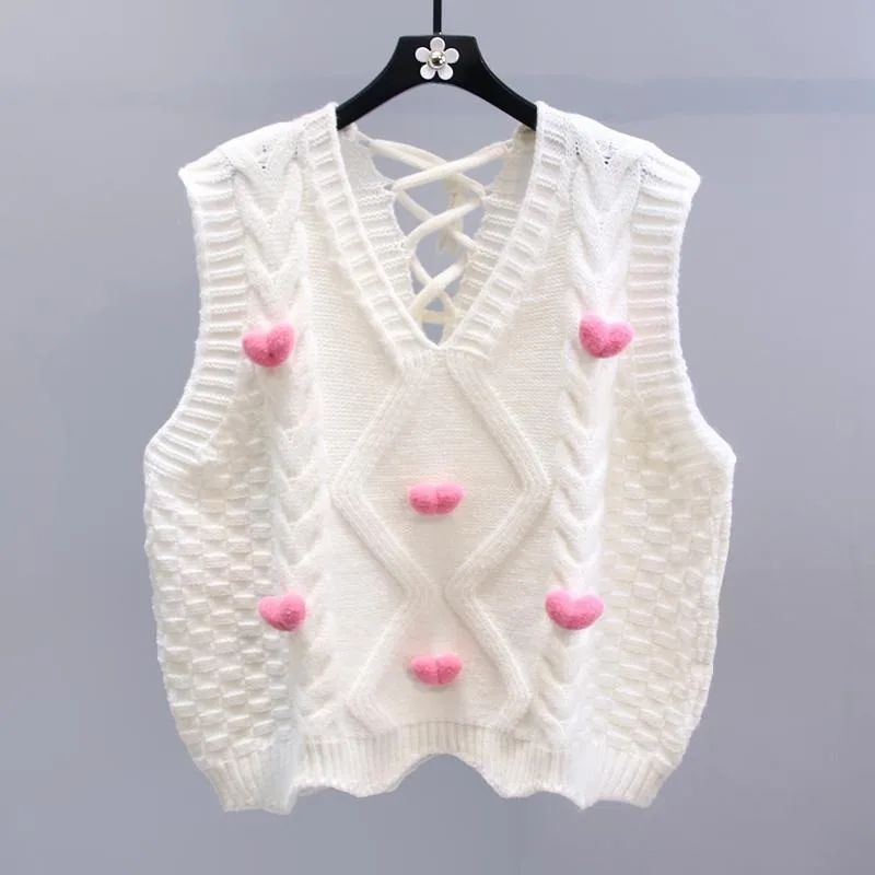 Fashion Sweet Sweater Vest Knit Tops V Neck Heart Patchwork Bandage Sleeveless Pullovers All Match Preppy Style Women Clothing