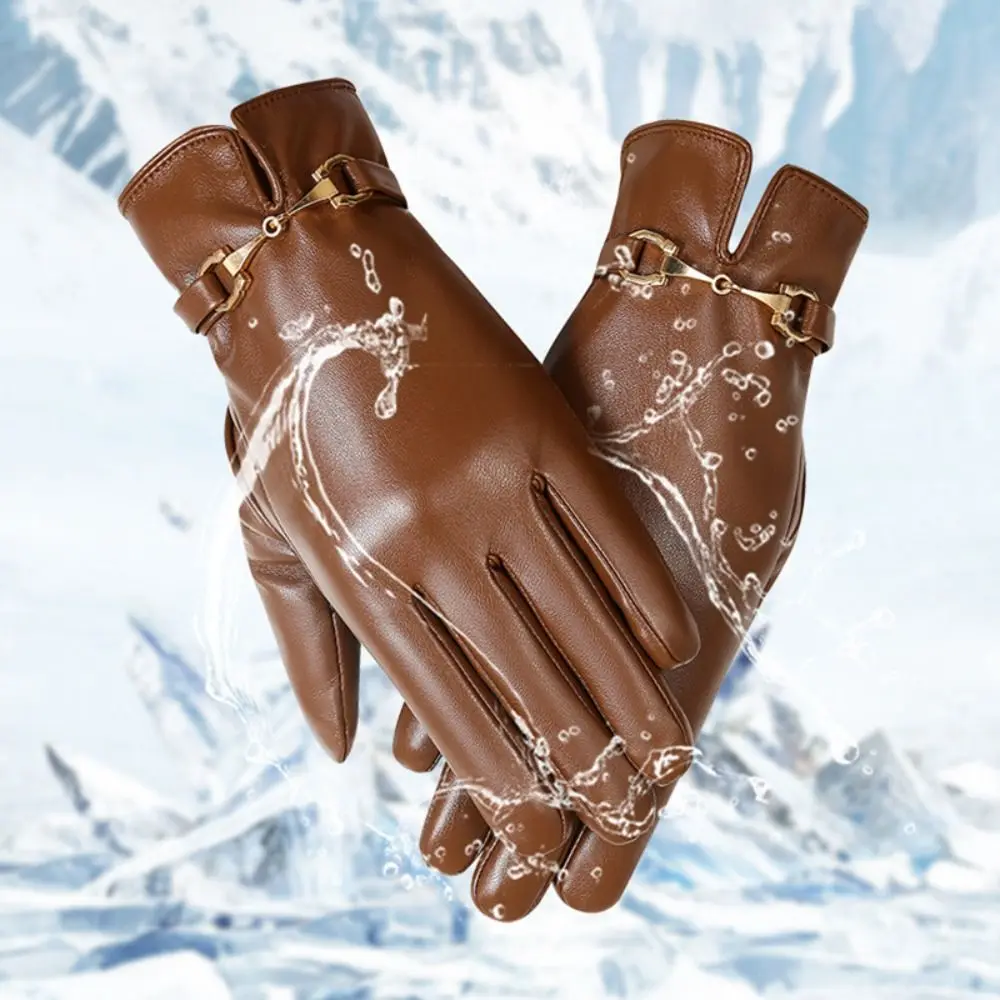 Fashion Full Finge PU Leather Gloves Waterproof Windproof Driving Gloves Thicken Winter Warm Touch Screen Gloves Outdoor Sports