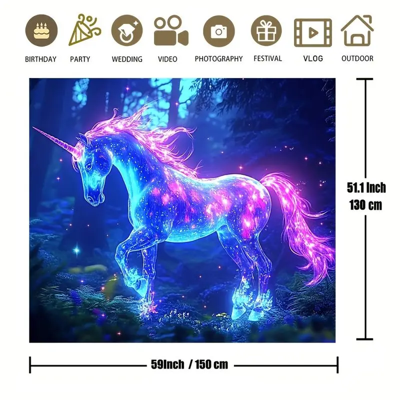 VIKAMA Neon Starry Sky Unicorn Forest Dreamy Tapestry, Princess Wall Art for Bedroom Living Room Dorm Decor