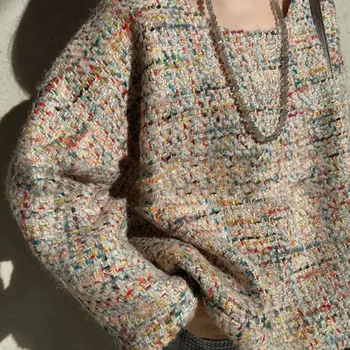 Women Knitted Fashion Tweed Jacket Long Sleeve O-Neck New Spring Autumn Outerwear Loose Fit Casual Designer Sweater Short Coat