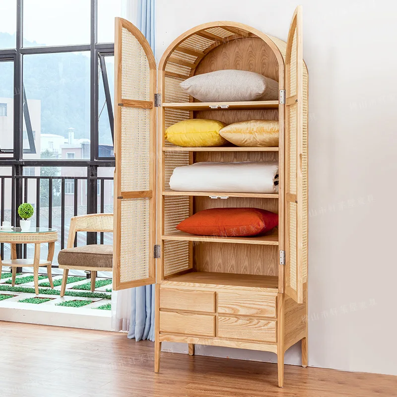 Nordic homestay white ash wood solid wood wardrobe wardrobe bedroom rattan storage cabinet storagesimple double-door single-doo