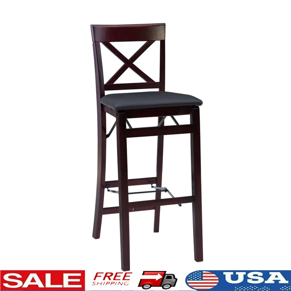 

Folding Bar Stool with X-Back Design Espresso Finish Brown Upholstered Seat Rubberwood Construction Indoor Use 300lb Weight