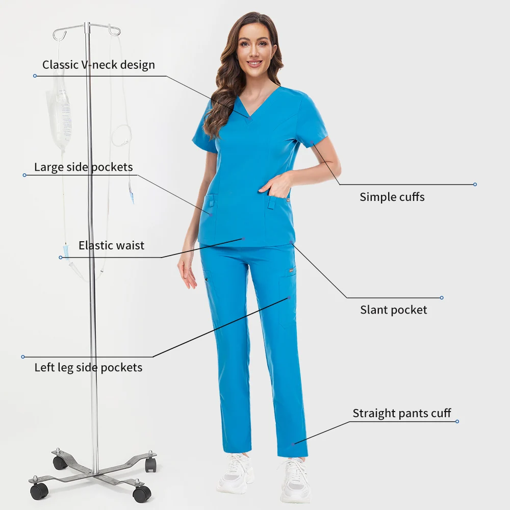 Slim Fit Pet Medical Nurse Workwear Women Beauty Salon Uniform Dental Clinic Suit Hospital Scrub Tops Pant Set Surgical Overalls