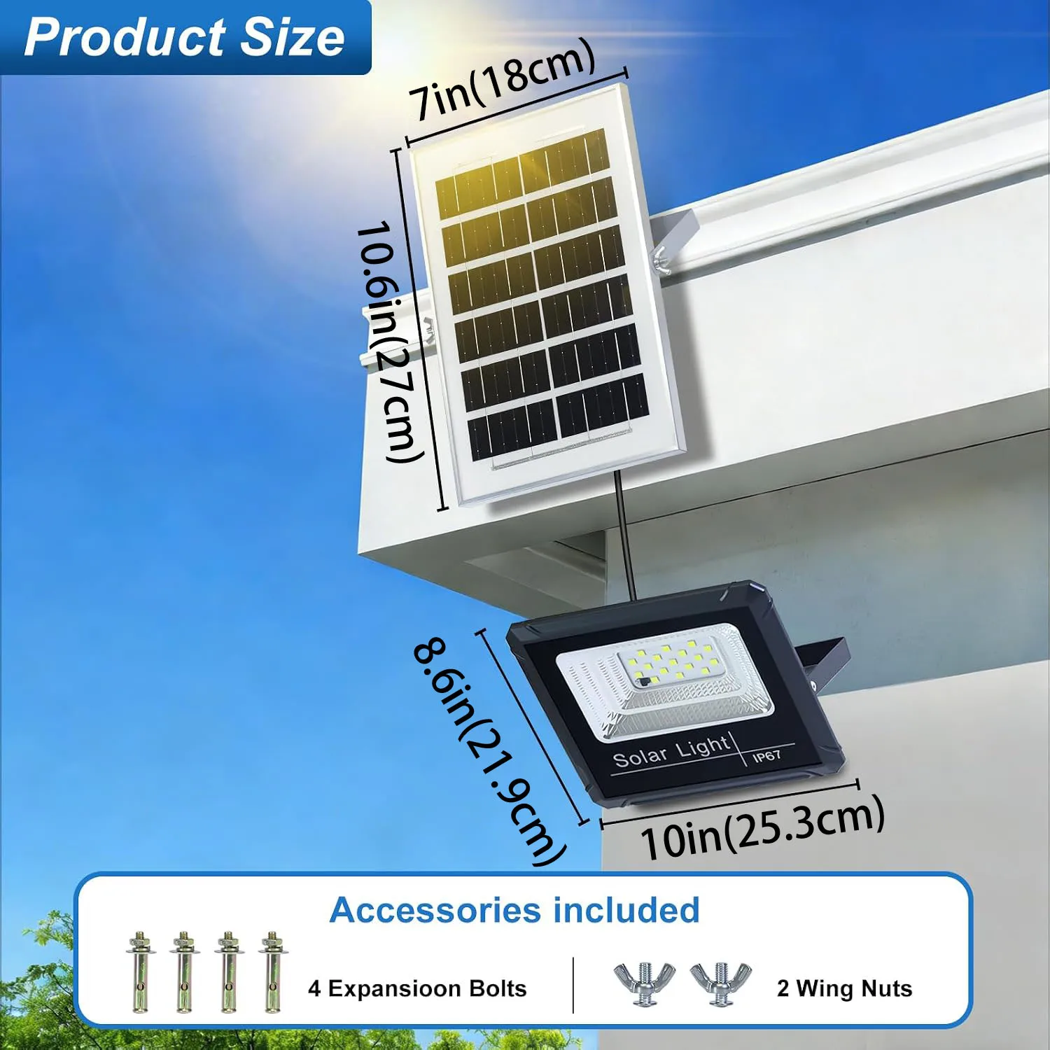 IP67 waterproof outdoor solar spotlight, safety floodlight from dusk till dawn with automatic on/off, 6500K, solar light for out