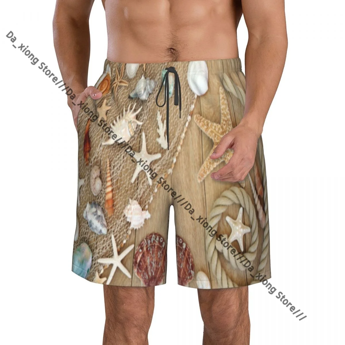 Man Swimwear Sea Shell Fishing Net And Rope On Old Oak Wood Swim Shorts Trunks Beach Board Shorts Swimming Swimsuits