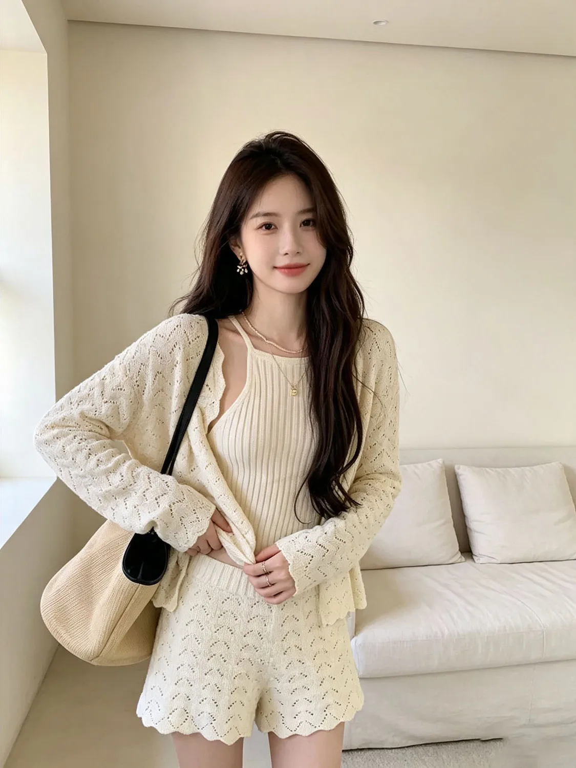 Women's Casual Hollow out Knitted Three-Piece Set Thin Summer Sun Protection Hanging Neck Vest Shorts Set Loose Fit Long Sleeve