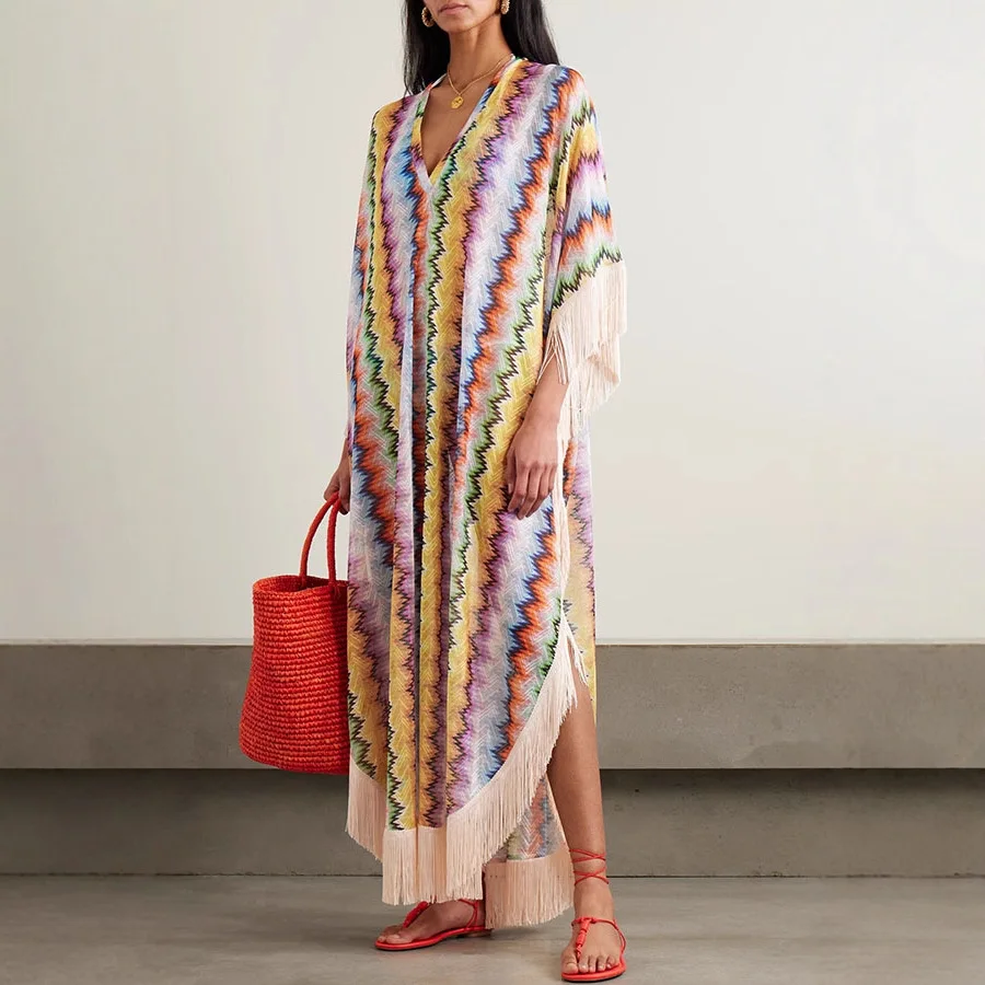 Women's Boho Dress Flowy Tunic Maxi Dresses with Tassel Sleeve Spring Summer