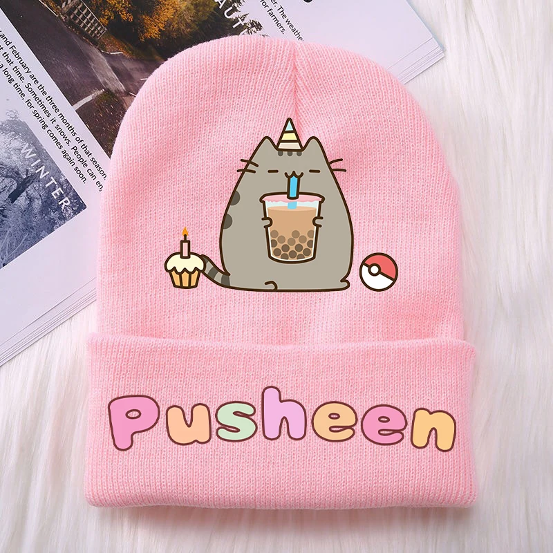 Pusheen Cat Girls czapki z dzianiny dziecięce nakrycia głowy drukowane bawełniane zimowe na zewnątrz śliczna wełniana czapka Cartoon Anime prezent