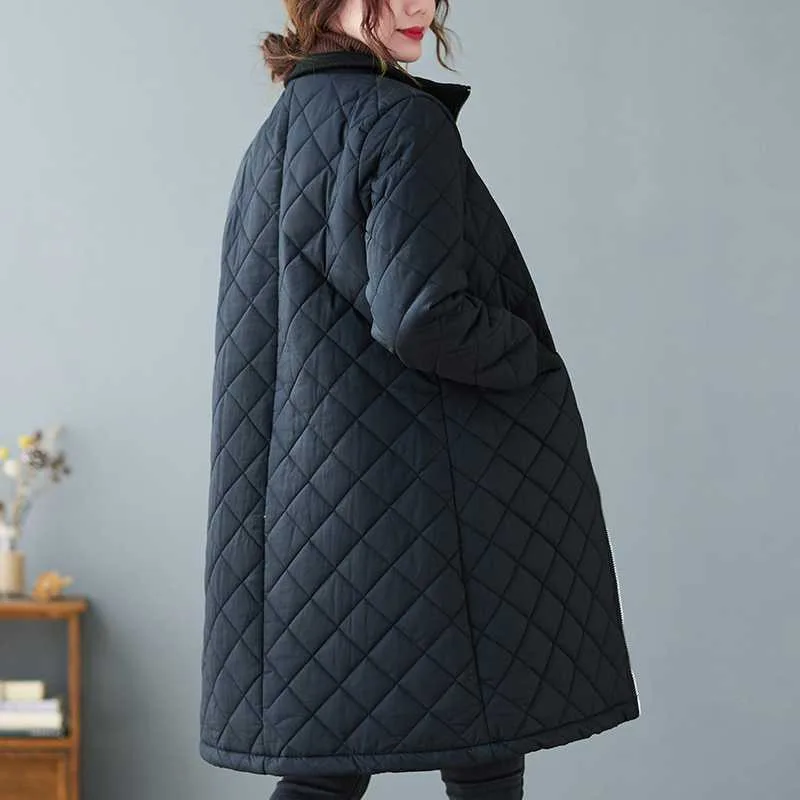 Ladies Elegant Simple Diamond Check Coat Casual Sports Multi-purpose Long Coat Autumn Winter Warm French Down Cotton Top