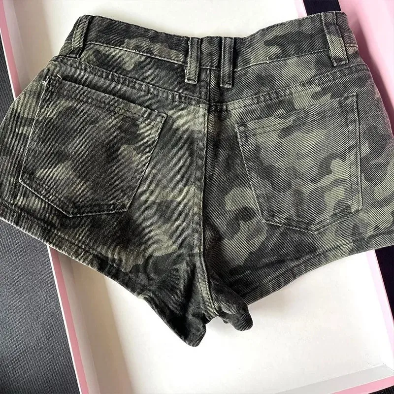 American High Street Camo Cargo Denim Shorts Women High Waist Hip Lifting Fashion Casual Hot Pants Shorts