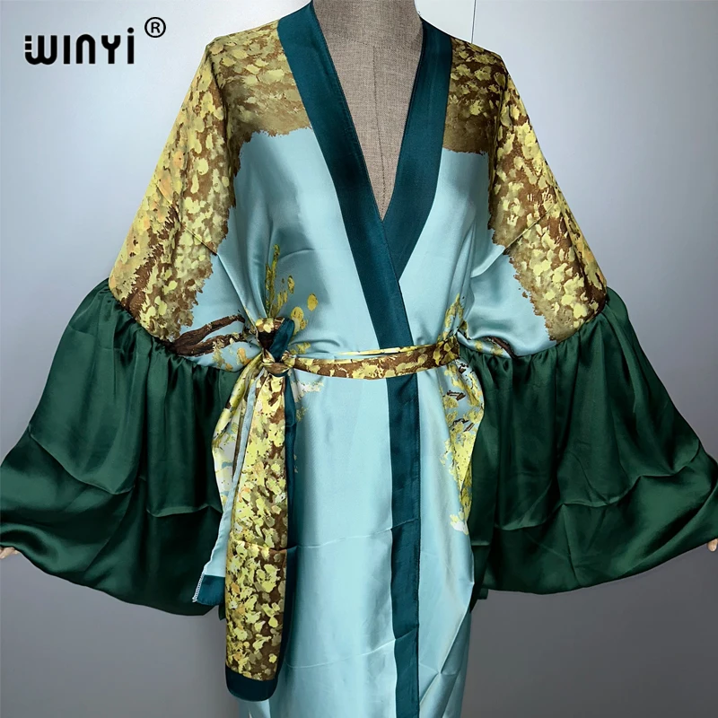 WINYI print Hanfu Kimono Evening dress Beach Wear Cover up Africa women loose puff(ed) sleeves Cardigan boho Holiday kaftan