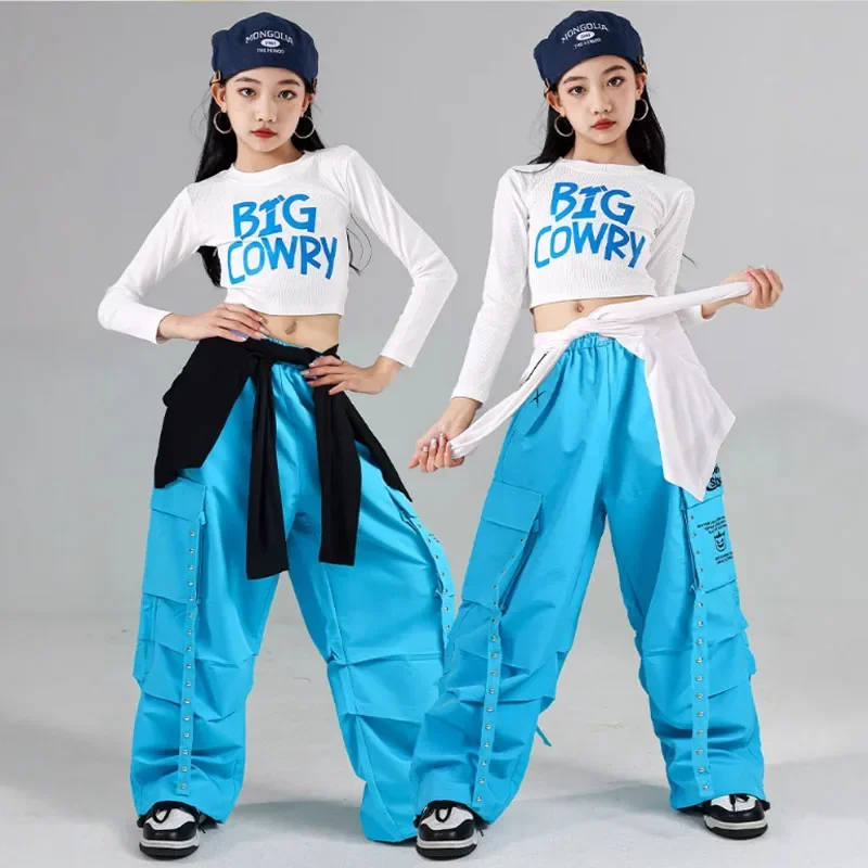 Hip hop meninas colheita topo dança de rua doce cor calças de carga crianças k-pop streetwear crianças trajes jazz menina grupo roupas conjunto