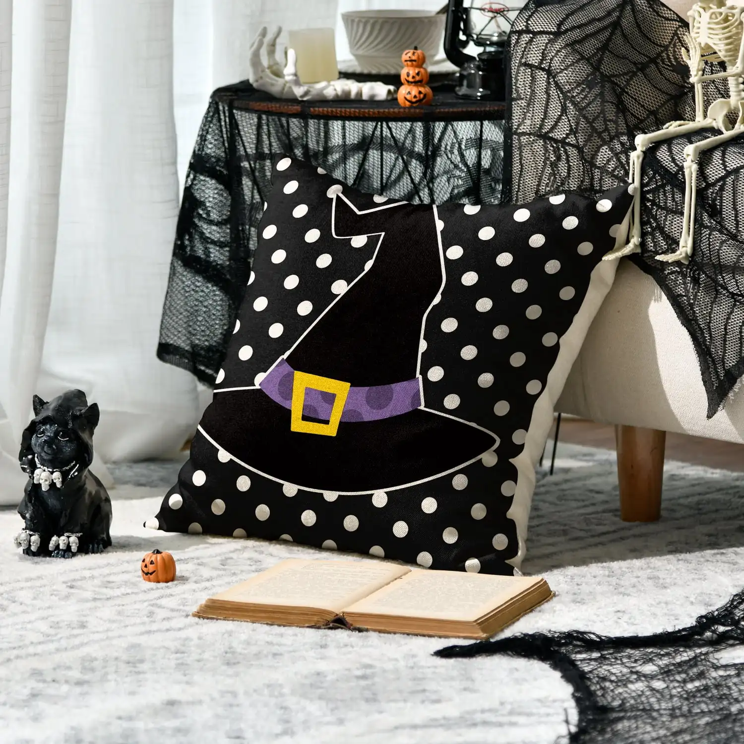 Polka Dot Stripe Bat Ghost Halloween Throw Pillow Covers 4-Pack 18 x 18 Inch