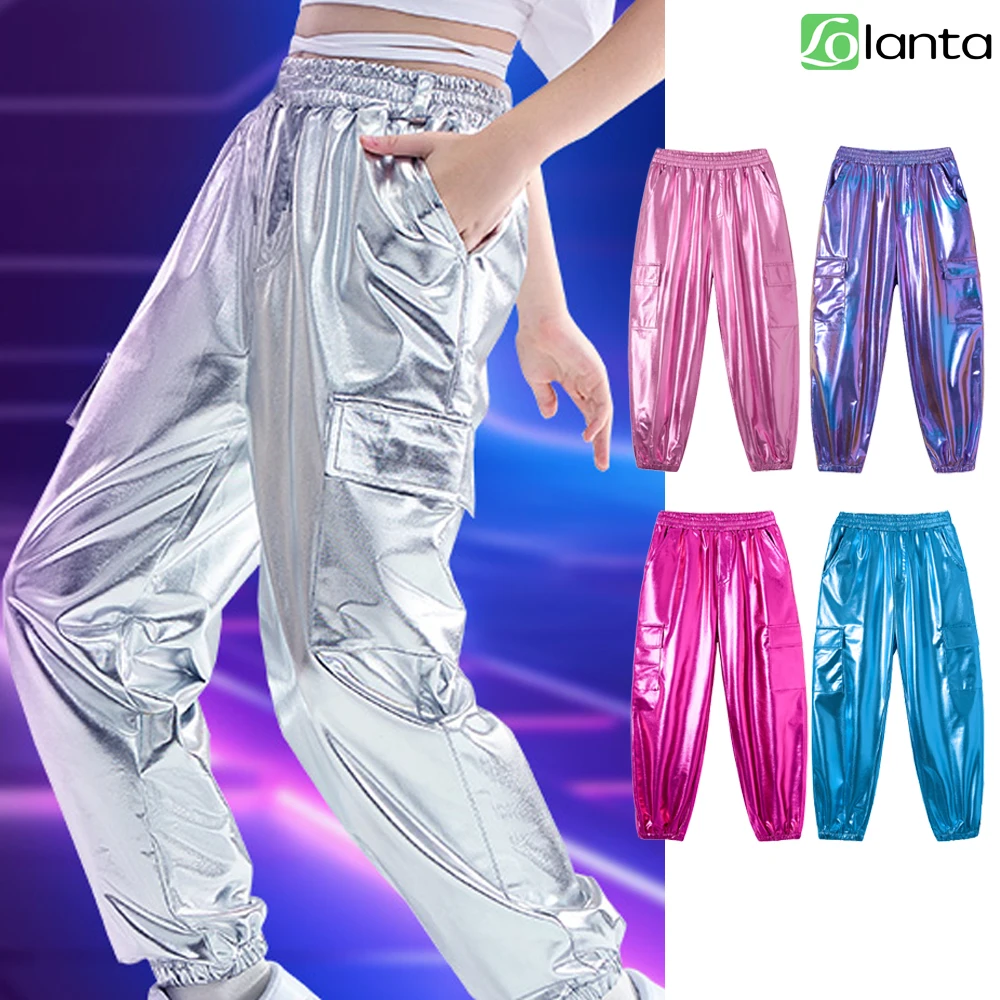 LOlanta Girls Cargo Pants for Kids Loose Streetwear Hip Hop Dance Cargo Patent Leather Pants for Kids 6-16 Years